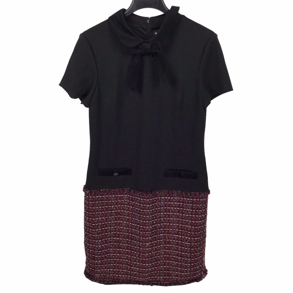 Karl Lagerfeld Paris Colorblock Tweed Tie-Neck Short Dress Black, Burgundy Sz 10